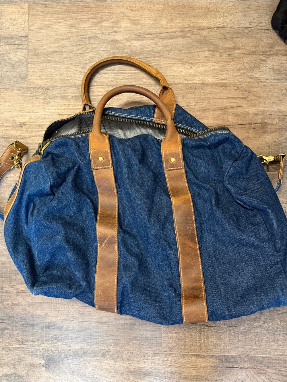 Armani Jeans Blue Denim Duffel with Brown Leather Trim